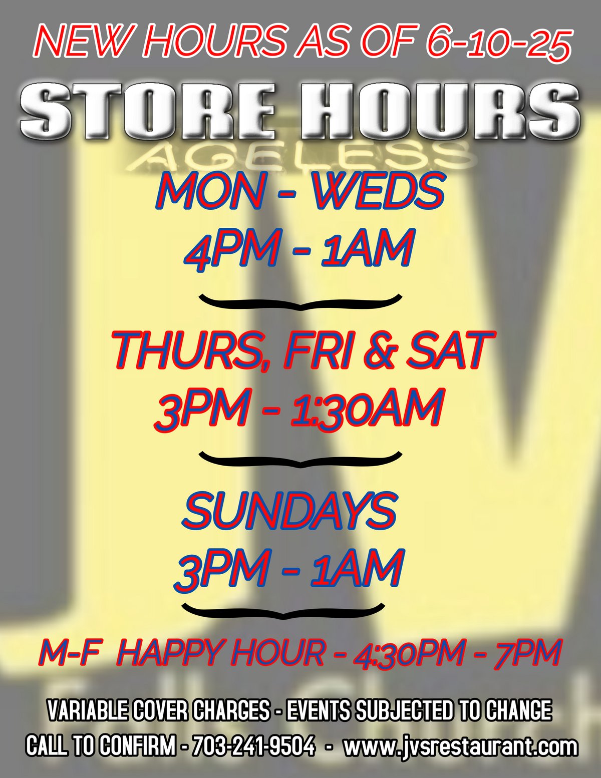 NEW STORE HOURS AS OF JUNE 10 2025: JVs Restaurant